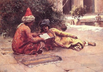  Persian Oil Painting - Two Arabs Reading in a Courtyard Persian Egyptian Indian Edwin Lord Weeks